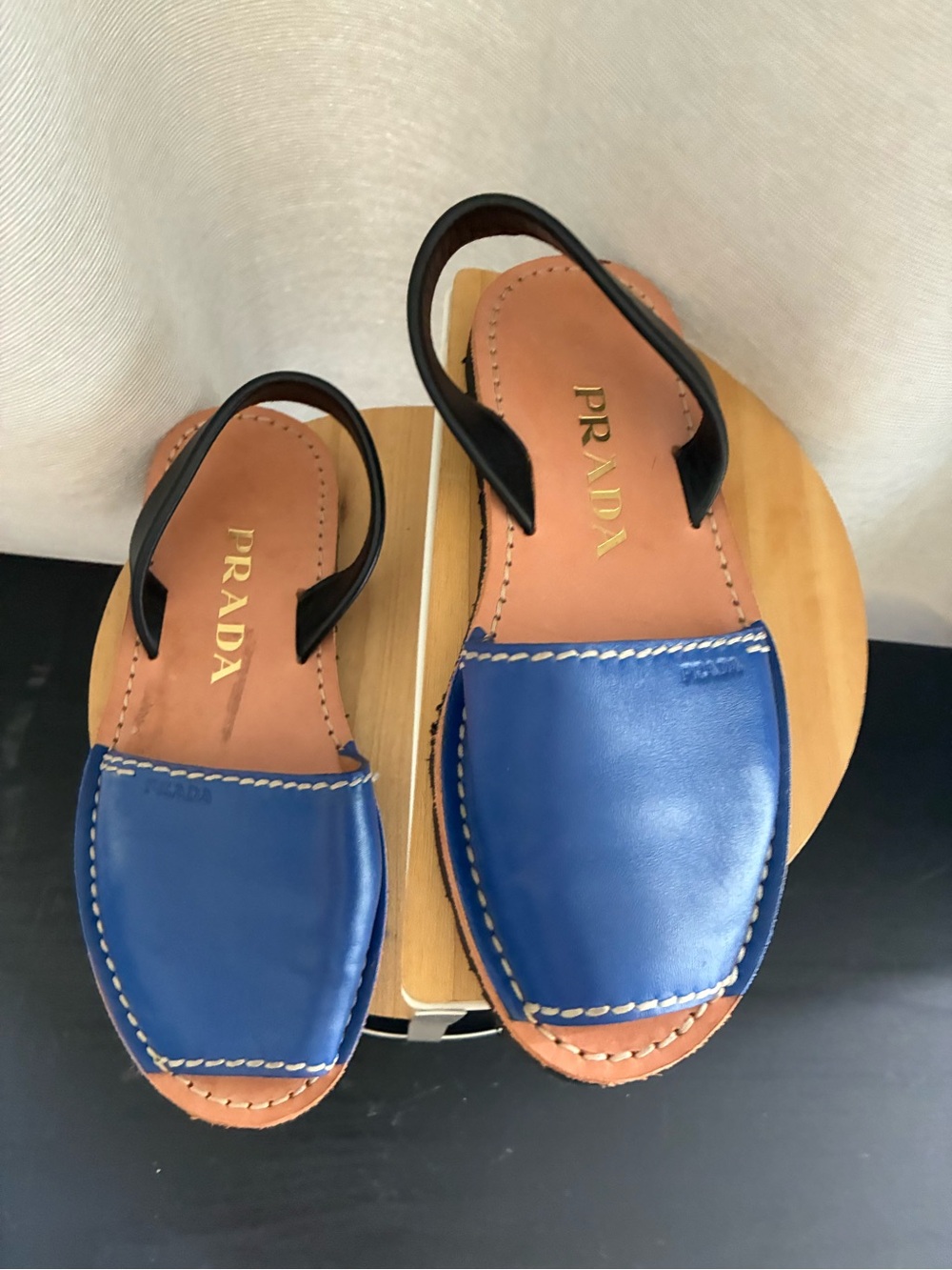 Prada Blue Leather Open-Toe Slingback Sandals